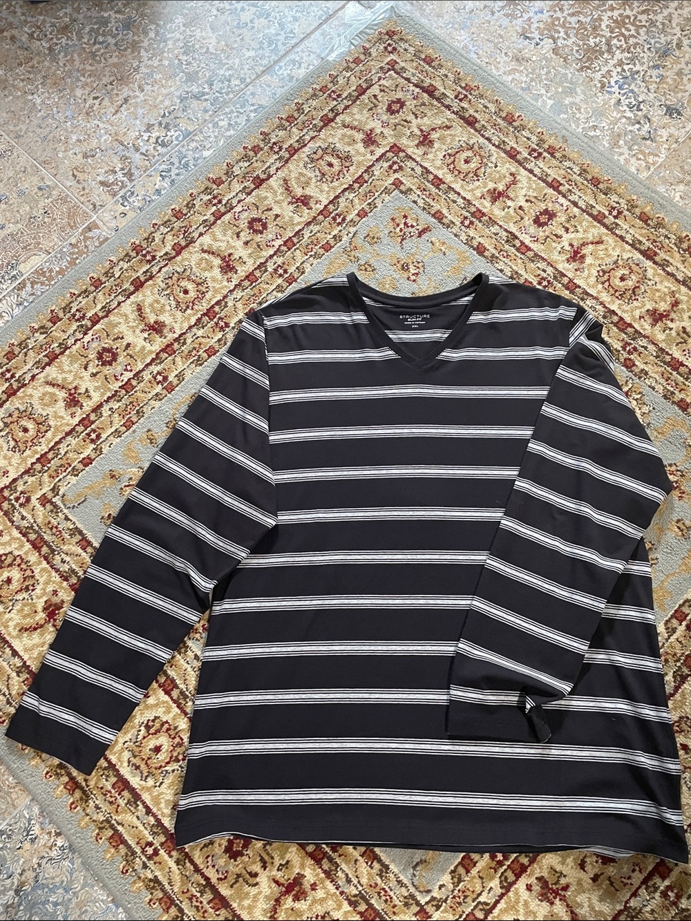Structure Black Long-Sleeve V-Neck Shirt with White Stripes